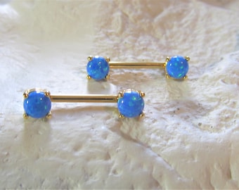 Gold Plated,Synthetic Blue Opals Nipple Barbells(Set of 2)..14g..12mm..5mm opals