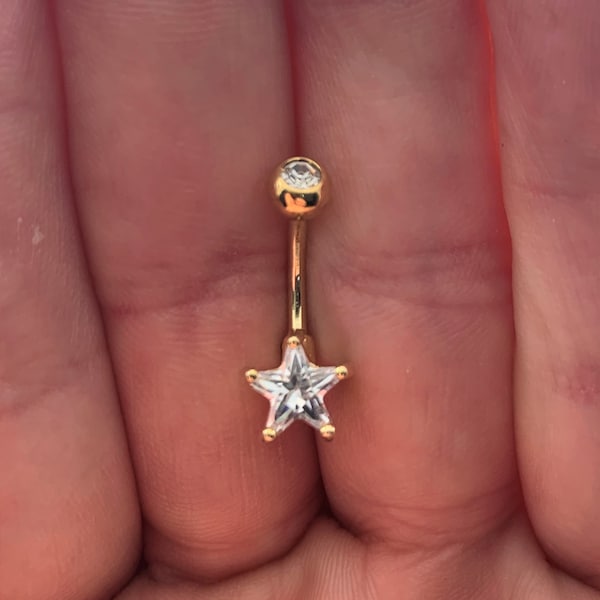 Golden Star ball cz top Belly Ring..14g..10mm(B01G)