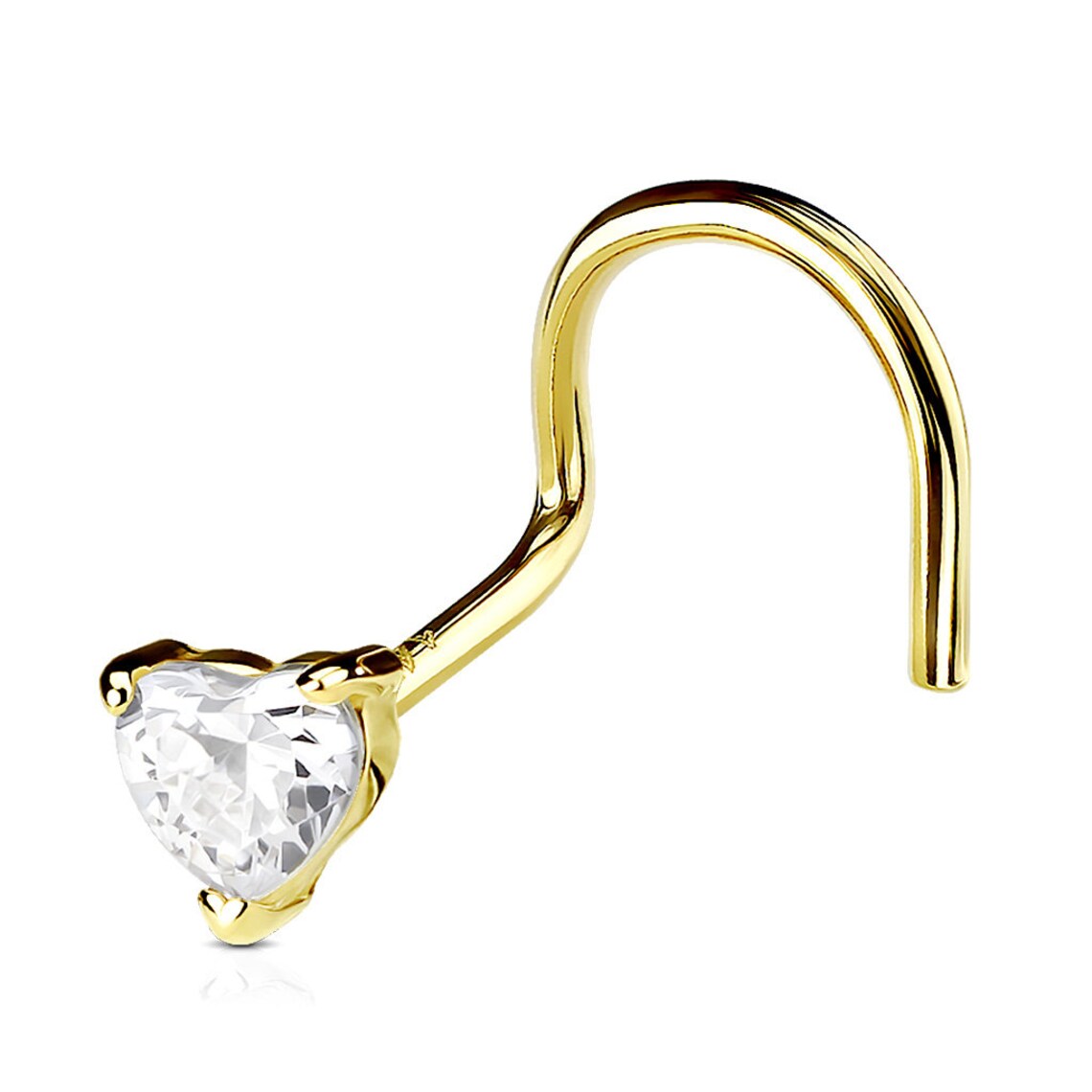 14K Solid Gold CZ Heart Nose Stud - 20g