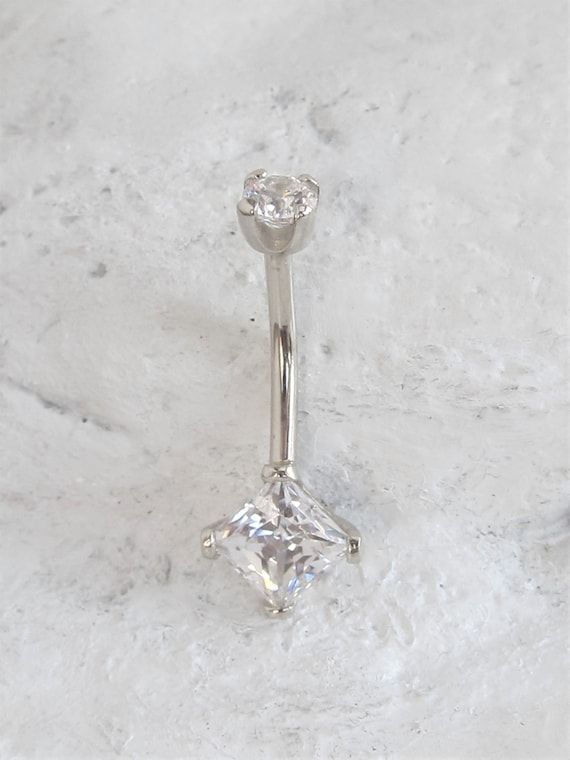 14k Solid White Gold Belly Button Ring square Prung Navel Belly