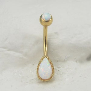 Gold Plated Opal Tear Drop Surgical Steel Belly Button Ring..Internally Threaded..14g..7/16