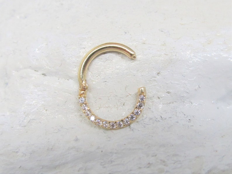 14k Solid Gold Septum,Daith Piercing Hinged Hoop Half Paved cz Clicker Ring..16g..8mm or 10mmH image 3