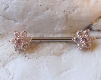 Rose Gold Surgical Steel single Brilliant Flower With Pink Center Cz.. 14g.. 16mm (uno único)