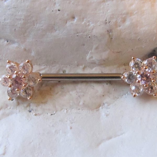 Rose Gold Surgical Steel single Brilliant Flower With Pink Center Cz..14g..16mm(Single one)