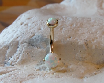 14k Solid Gold,White Round Opals,Internally Threaded Navel Belly Ring..14g