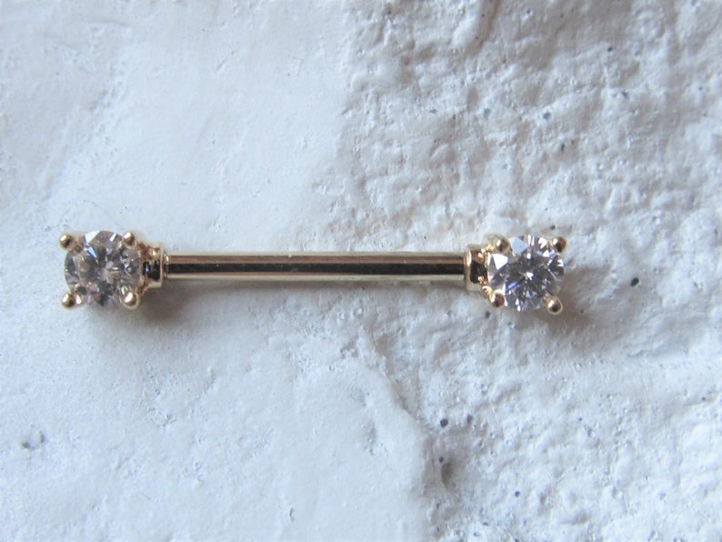 Golden Nipple Barbell..4mm Cz's..14g..12mm..14..or..16mm..Surgical SteelSingle one image 2