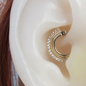 14k Solid Gold Daith Piercing Clicker..Lined cz&#39;s..16g..8mm..Beautiful