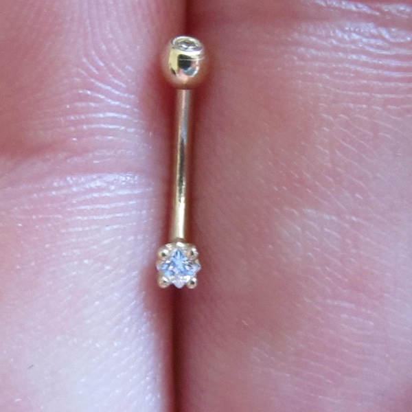 14kt Solid Gold Tiny Prung Set Double Stone Eyebrow,Rook Piercing Barbell 16G(1.2mm)..6mm or 8mm long