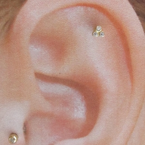 14k Solid Gold Helix,Cartilage Bezel Set 3 cz Barbell Ring,Earring  Jewelry..16g..6mm
