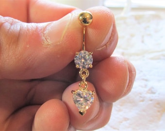 Gold überzogene baumelnden Herz-Bauchnabel-Bauchnabel-Ring..14g..10mm (B03G)