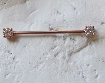 Rose Gold Plated Prung Set Industrial Cartilage Barbell..14g..35mm..4mm Cz's