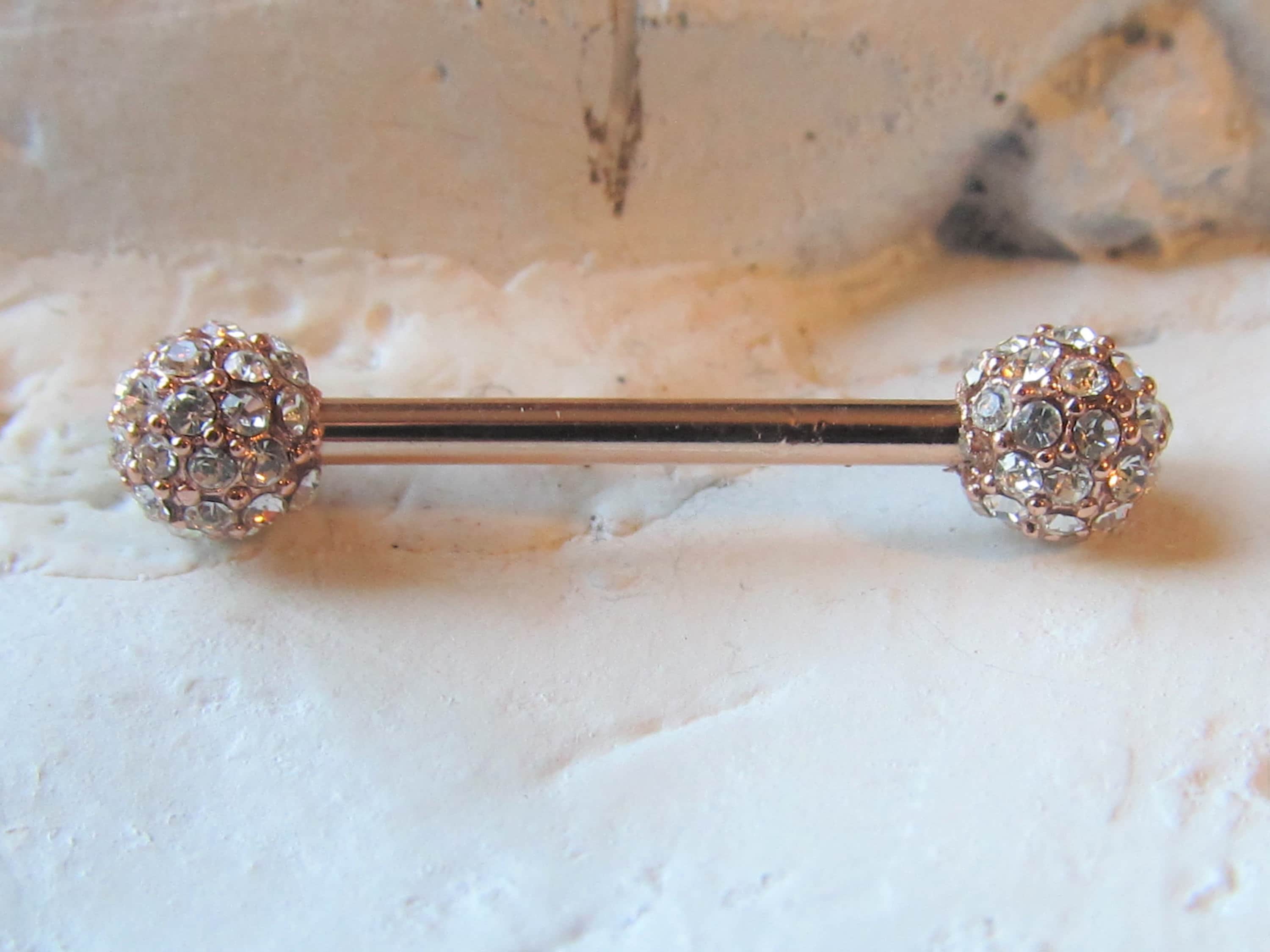 Rose Gold Nipple Pave Diamond Barbell..14g..16mm..Surgical Steel(Single one)