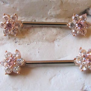 Rose Gold Surgical Steel Nipple Brilliant Flower Barbells With Pink Center Cz.Set Of 2..14g..14mm OR..16mm