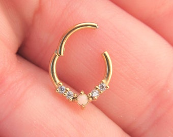Golden Septum,Daith Surgical Steel Clicker with clear cz's ,opal center..16g..8mm
