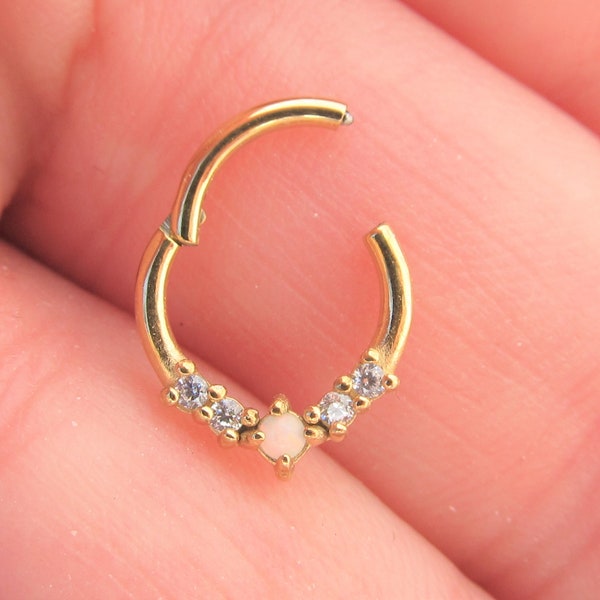 Golden Septum,Daith Surgical Steel Clicker with clear cz's ,opal center..16g..8mm