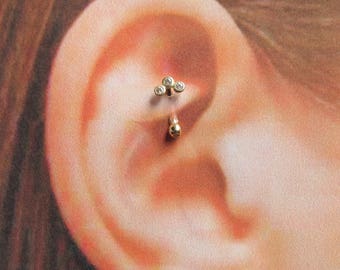 14kt Gold Rook Piercing,Daith,Eyebrow 3 cz Curved Barbell..16g.. 8mm