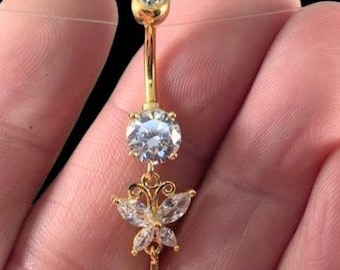 Golden Dangly Double Jeweled Butterfly Belly ring..14g..10mm