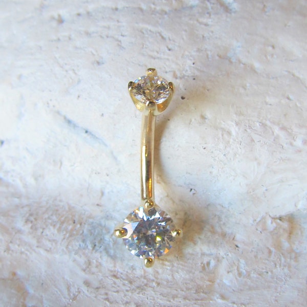 14k Solid Gold Double cz Navel Belly Ring,internally threaded..14g..10mm
