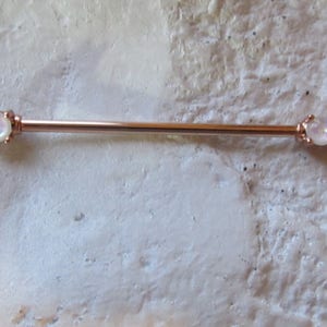 Rose Gold Plated,White Opal,Prung Set Industrial Barbell..14g..35mm..4mm Opals