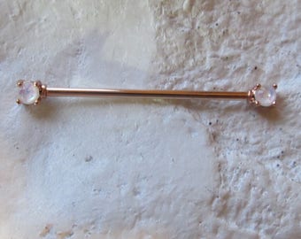 Rose Gold Plated,White Opal,Prung Set Industrial Barbell..14g..35mm..4mm Opals