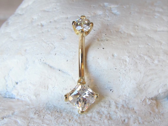 14k Solid Gold Square Cz,round Top Navel Belly Ring,internally