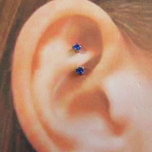 Blue cz's Rook Piercing Curved Barbell.Internally Threaded 16g..8mm