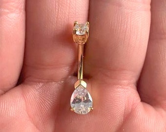 Golden Tear drop Double Jeweled prung top Belly button ring..14g 7/16