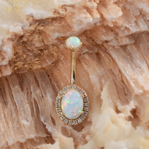 14k Gold,white oval Opal with cz's navel Belly ring..14g..10mm