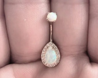 14k Gold Diamonds and Opal Belly Button Ring..internally threaded..14g..10mm