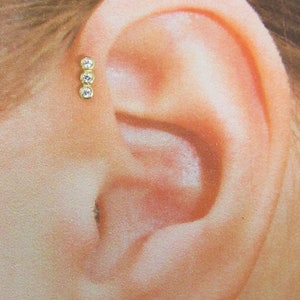 14k Solid Gold Forward Helix Piercing cartilage 3 Bezel Set Cz s