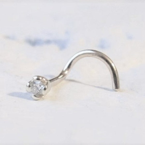 14kt White Gold, Real Diamond Tiny 1.5mm 1.5pt Si..20g Twist Nose ring stud