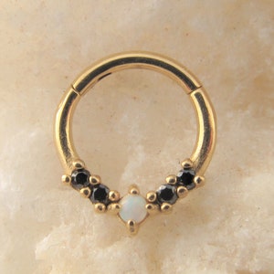 Golden Septum,Daith Surgical Steel Clicker with black cz&#39;s ,opal center..16g..8mm