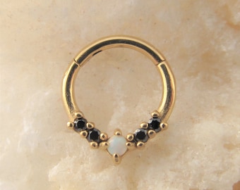 Golden Septum,Daith Surgical Steel Clicker with black cz's ,opal center..16g..8mm