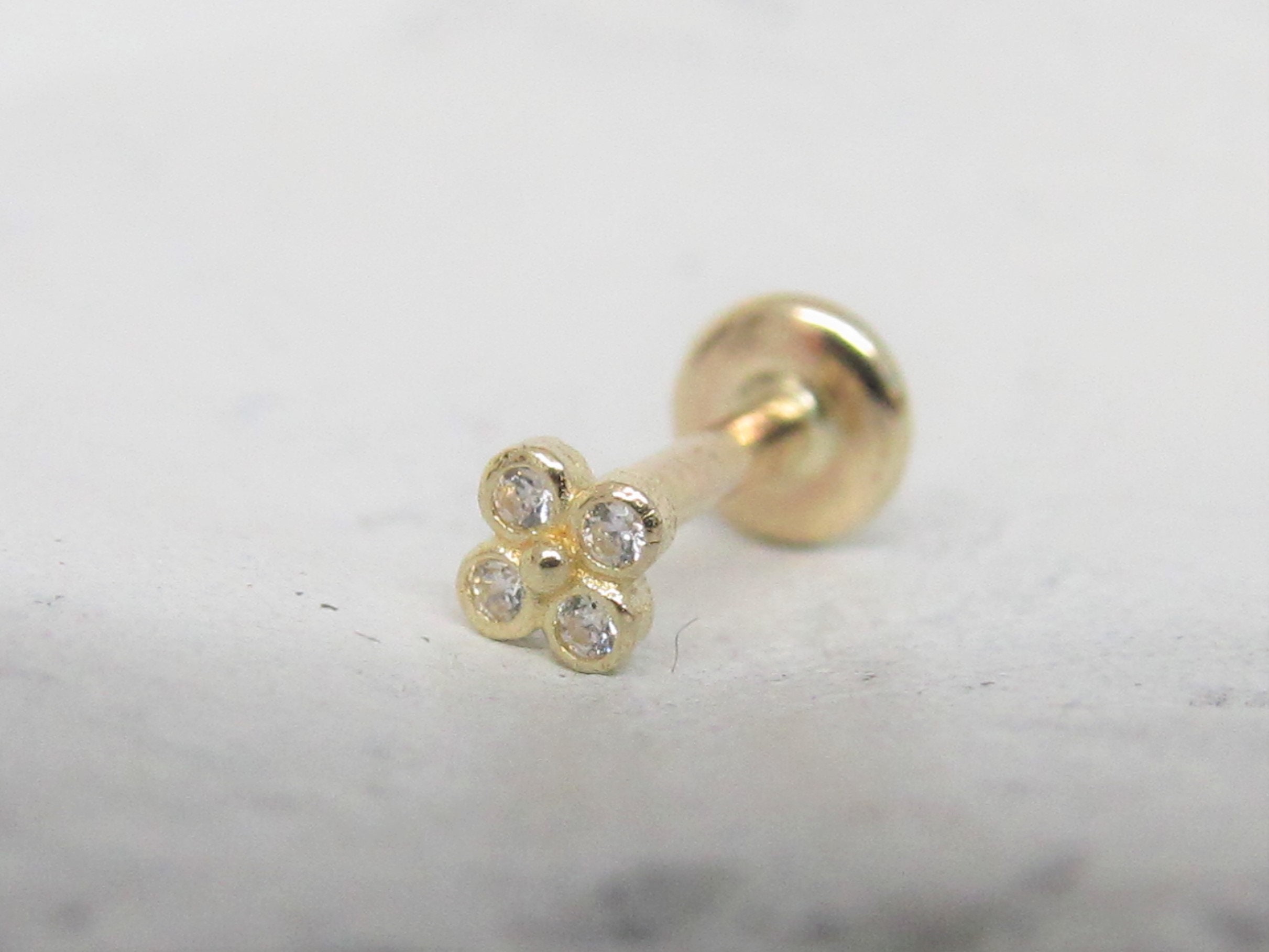 14k Solid Gold Forward Helix Piercing Bezel Set 4cz Labret - Etsy