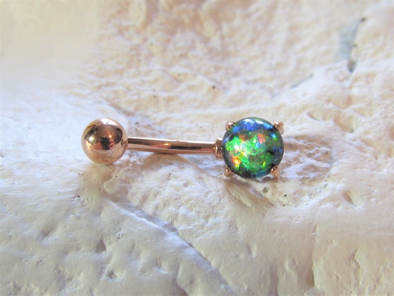 Rose Gold Plated synthetic Black Opal Navel Belly Button Ring 14g