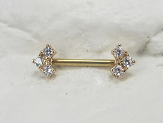 Golden Nipple Barbell..4mm Cz's..14g..12mm..14..or..16mm..Surgical  Steel(Single one)