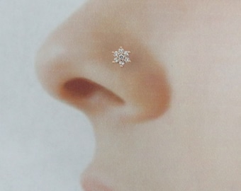 14k Solid Rose Gold Prung Set Flower Nose Ring Stud..20g