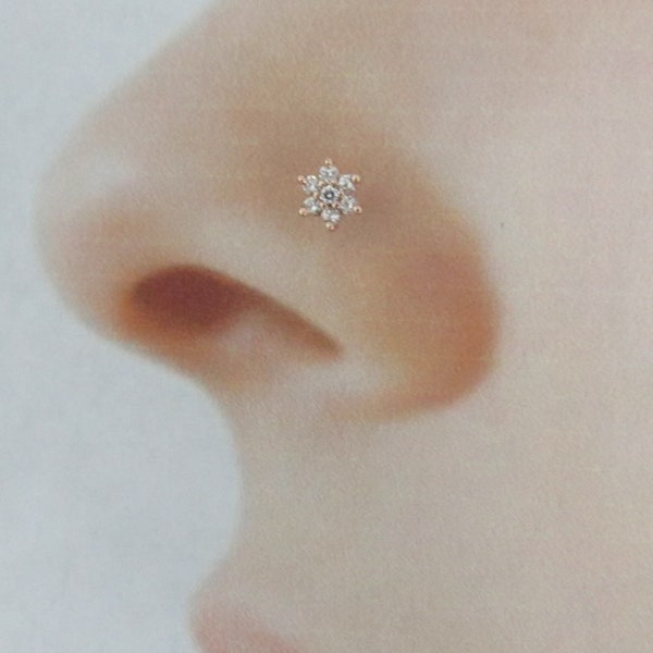 14k Solid Rose Gold Prung Set Flower Nose Ring Stud..20g