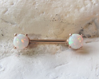 Rose Gold, witte opalen (5mm) nipple barbell.. 14g.. 12mm OF 14mm (Enige)