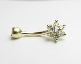 14kt solid yellow gold navel ring flower 14g with white cz's