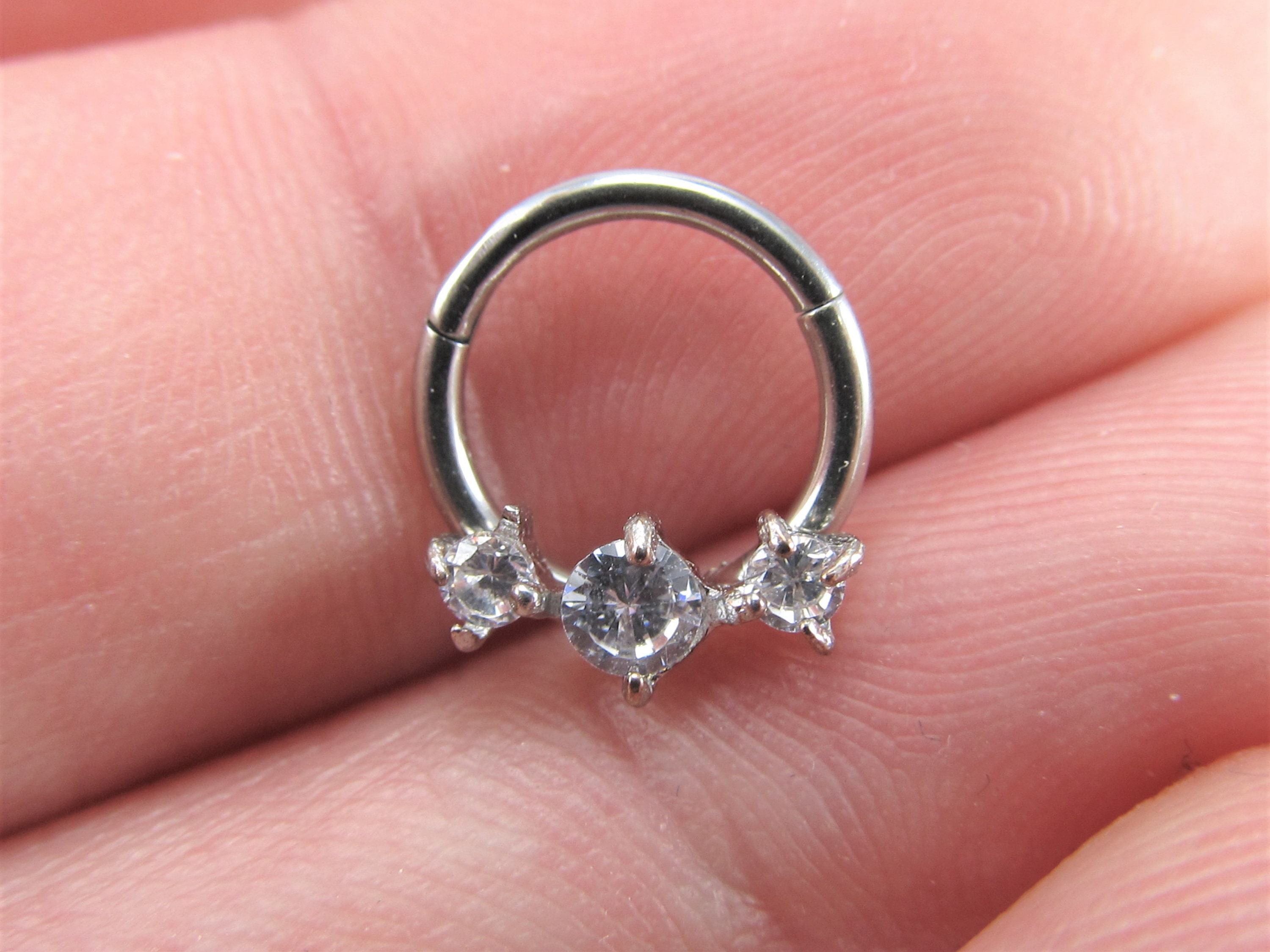 Three CZ Gem Hinged Segment Ring - 16g Septum Clicker, 316L Surgical Steel Body Jewelry
