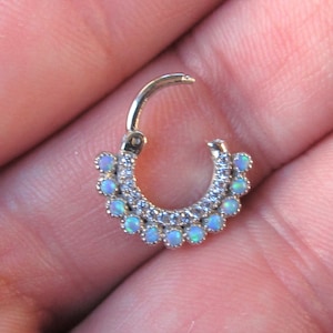 14k Solid White Gold Septum Clicker With Blue Opals and cz's..16g..8mm
