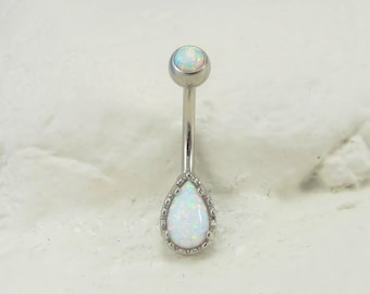 Opal Tear Drop Surgical Steel Belly Button Ring..Internally Threaded..14g..7/16(B05S)