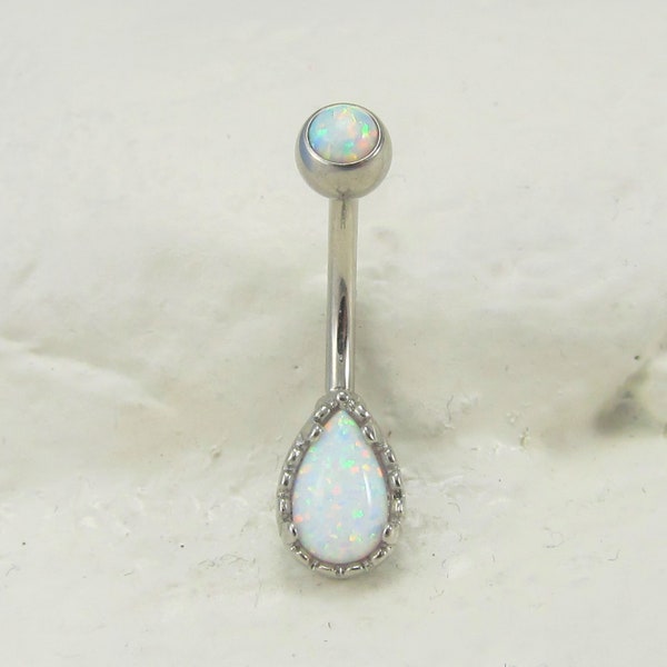 Opal Tear Drop Surgical Steel Belly Button Ring..Internally Threaded..14g..7/16