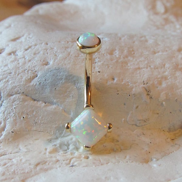 14k Solid Gold,White Opals,Internally Threaded Navel belly Ring..14g