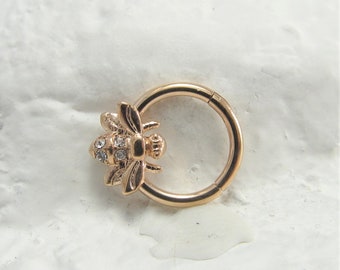 Rose gold Daith Bee with Clear CZ Gem Hinged Segment Ring Clicker..16g..8mm