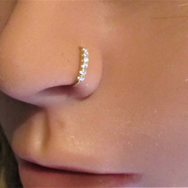 Diamonds,14k Yellow Gold Multistone Nose Ring Hoop Stud..20g..7mm
