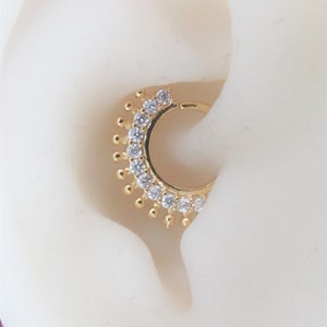 14k Gold Daith Piercing, septum Lined cz's and Balls Bendable Hoop Ring..18g..8mm..Solid Gold