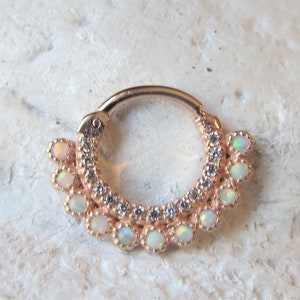 14k Solid Rose Gold Septum Opal cz's Beautifull Clicker Ring..16g..8mm