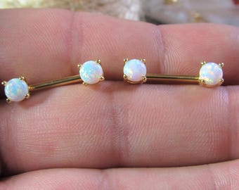 White Opal Gold Plated Nipple Piercing Barbells (Set of 2) 14g.12mm (5mm opals)